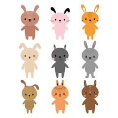 Adorable rabbits. Set of cute cartoon animals. Bunny. Fits for designing baby clothes. Hand drawn smiling characters. Happy animal