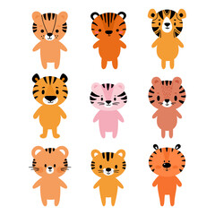 Adorable tigers. Set of cute cartoon animals. Fits for designing baby clothes. Hand drawn smiling characters. Happy animal
