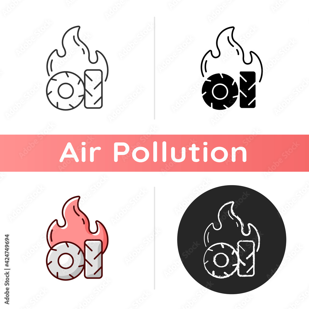 Wall mural Burning tires icon. Tire fire emissions include dangerous pollutants such as carbon monoxide and oxides of nitrogen. Linear black and RGB color styles. Isolated vector illustrations