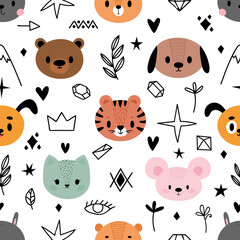 Cute seamless pattern with animals and sketch design elements. Scandinavian style. Hand drawn doodles