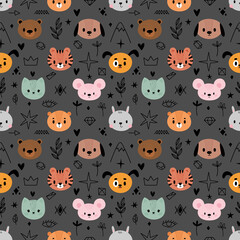 Hand drawn childish seamless pattern with cute animals. Creative baby texture for fabric, textile, nursery, clothes. Cat, dog, bunny