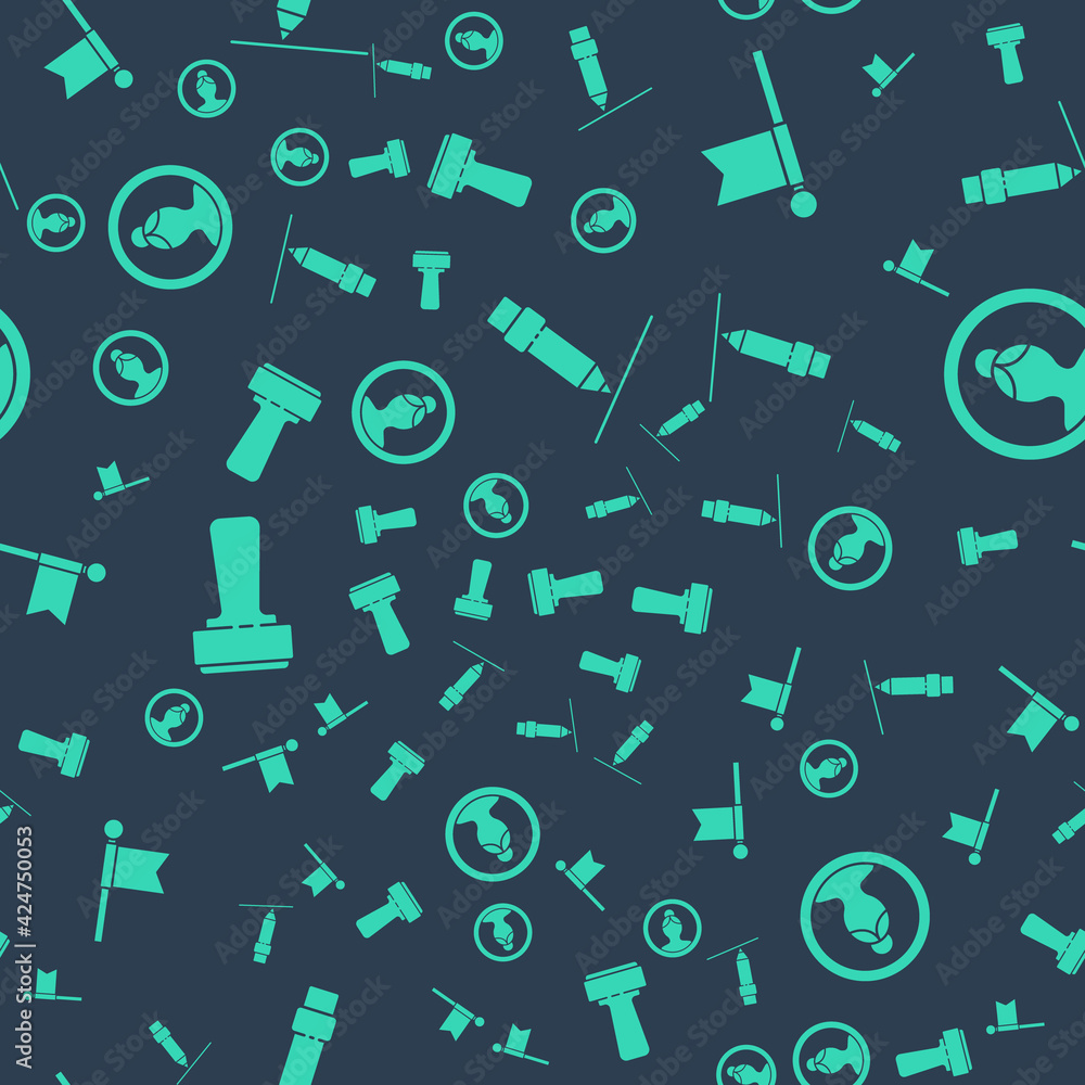 Poster set pencil with eraser, location marker, stamp and create account screen on seamless pattern. vector