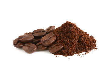 Coffee powder and coffee beans isolated on the white background,ground coffee beans.