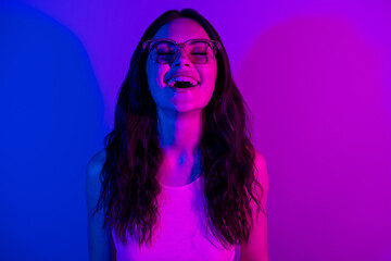 Obraz na płótnie Canvas Photo of satisfied young person closed eyes toothy smile enjoy disco isolated on neon gradient background