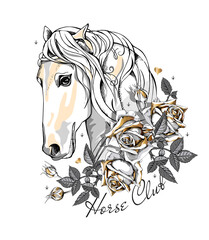 Vector illustration. Portrait of the white Horse with gold Rose flowers and leaves on a white background. Emblem, t-shirt composition, hand drawn style print.