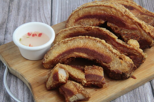 Freshly cooked Filipino food called Bagnet or deep fried crispy pork belly