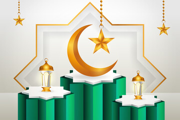 3d product display green and white podium themed islamic with crescent moon, lantern and star for ramadan