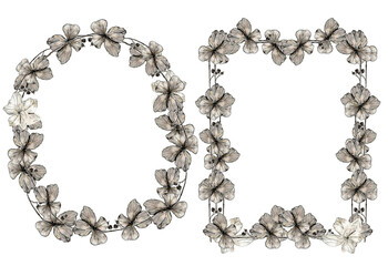 Decorative frame and wreath of hydrangea petals, watercolor illustration in sketch style. Dried flower border with copyspace, isolated on white background. Delicate pastel, elegant vintage floral