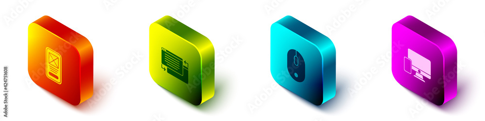 Poster set isometric ui or ux design, , computer mouse and monitor and mobile icon. vector