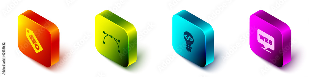 Poster set isometric seo optimization, bezier curve, front end development and web and graphic design icon.