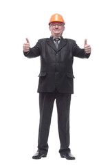 Architect man wearing suit and helmet over isolated white background