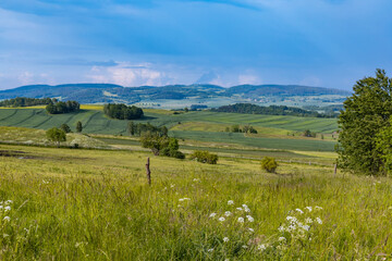 Fototapeta premium Beautiful landscape of green fields and mountains of Rudawy Janowickie