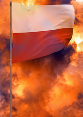 Poland flag on pole with sky background