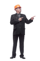 Senior engineer man wearing helmet over isolated white backgroun