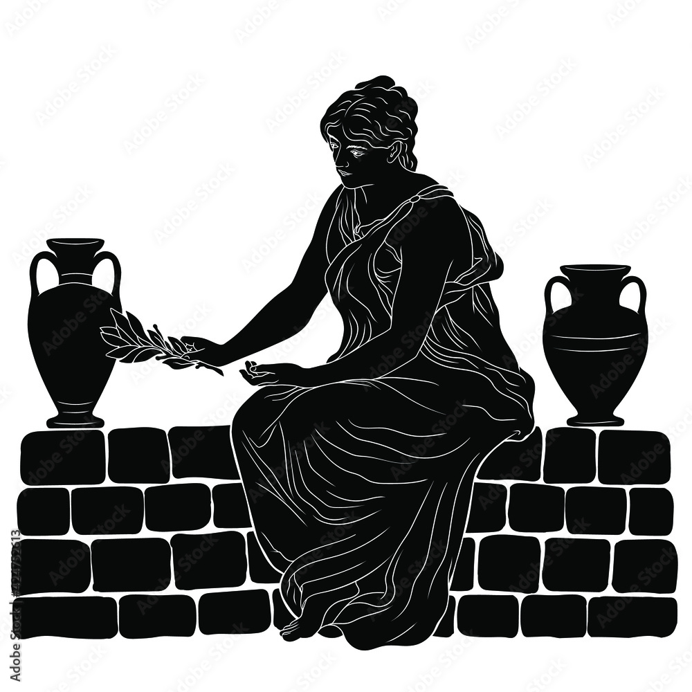 Wall mural a young slender woman in an ancient greek tunic sits on a stone parapet and holds a laurel branch in