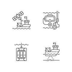 Marine exploration linear icons set. Taking water sampler from ocean with use of special equipment. Customizable thin line contour symbols. Isolated vector outline illustrations. Editable stroke