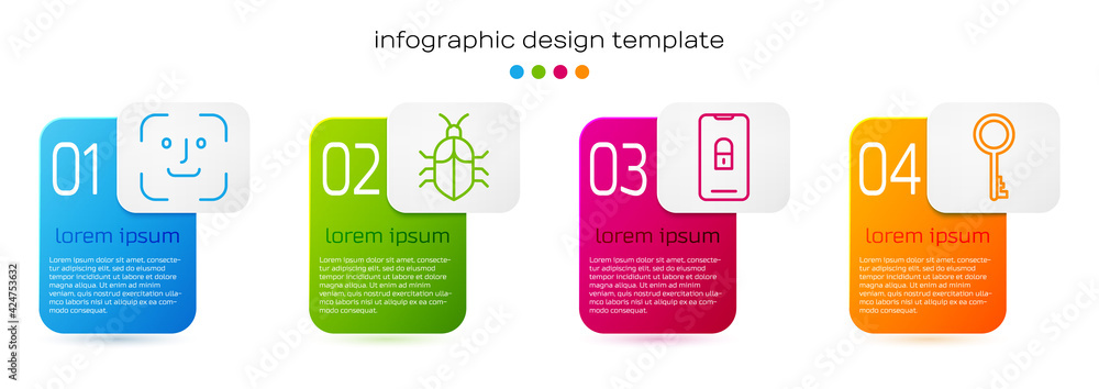 Poster set line face recognition, system bug concept, mobile with closed padlock and old key. business info