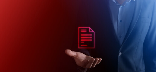 Businessman man holding a document icon in his hand Document Management Data System Business...