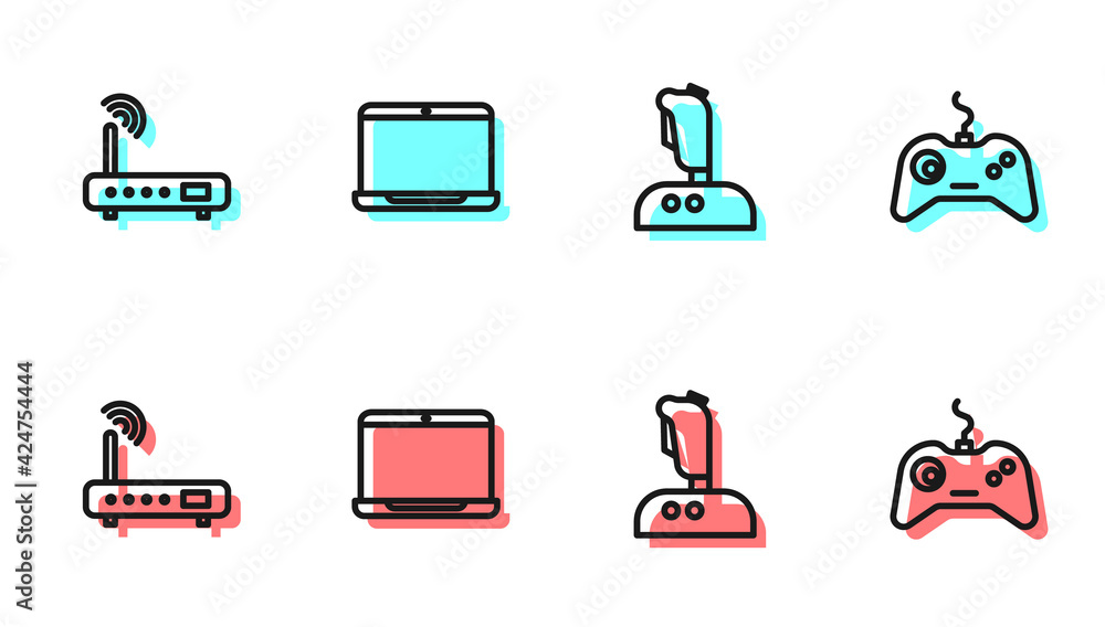 Aufkleber set line joystick for arcade machine, router and wi-fi signal, laptop and gamepad icon. vector