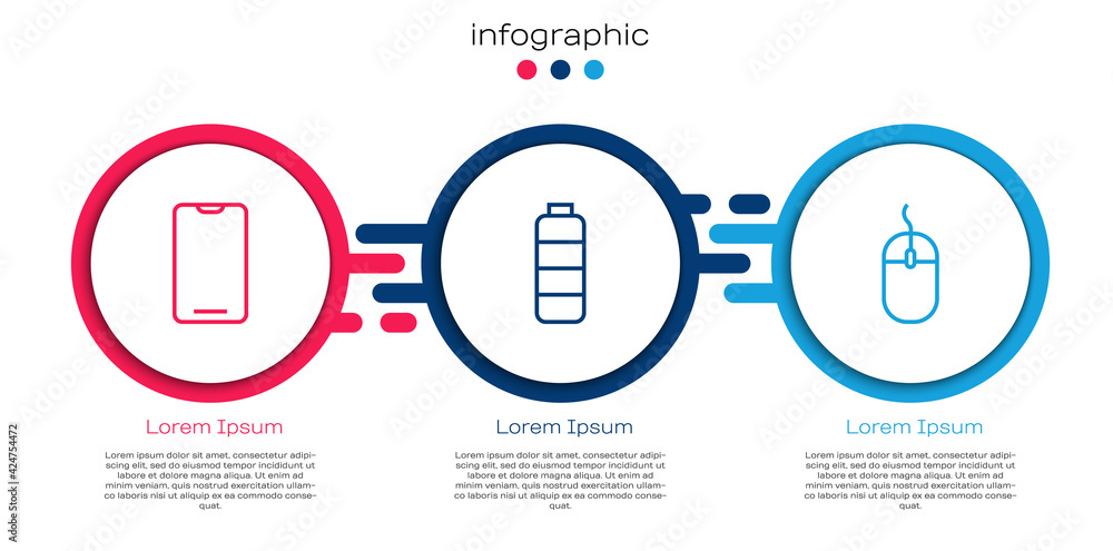 Poster set line smartphone, mobile phone, battery charge level indicator and computer mouse. business infog