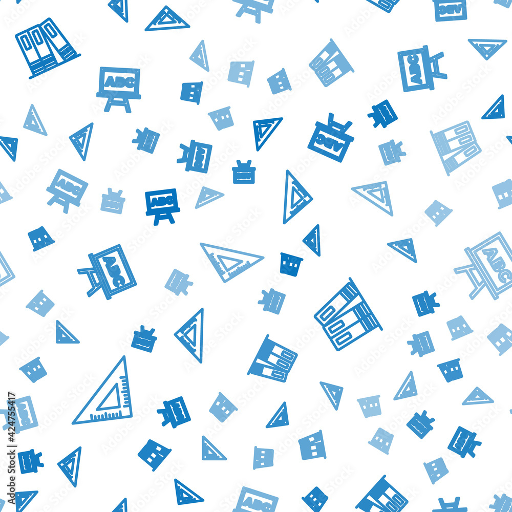 Aufkleber set line triangular ruler, office folders and chalkboard on seamless pattern. vector