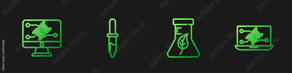 Poster set line test tube and flask, genetic engineering modification, pipette and . gradient color icons. 