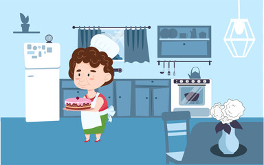 Grandmother in a culinary cap stands in the kitchen and holds a cake in her hands. Vector illustration in cartoon style