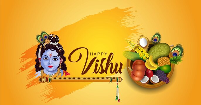 Happy Vishu greetings. April 14 Kerala festival with Vishu Kani, vishu flower Fruits and vegetables in a bronze vessel. vector illustration design