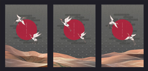 Abstract Art Japanese Flying Crane with Grey Background with Red Sun and Horizontal Cloud Behind with Brown Layered Terrain Land and Stain Texture on Water Wave Pattern Vector Graphics Design Template