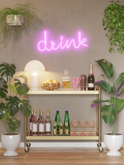 3d render of a modern room with a brass mini bar trolley cart with glasses, bottles of alcohol, a drink neon and many plants
 - obrazy, fototapety, plakaty
