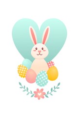 Easter white rabbit with eggs on heart background. The cute little bunny on white backgound. The easter concept, spring mood. Stock flat vector illustration for web and print.