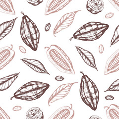 Seamless pattern with cocoa beans and leaves