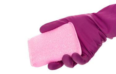 Multi-colored sponges for washing and cleaning in a woman's hand. Hand in latex glove isolated on white. A gloved hand holds a choice of sponges