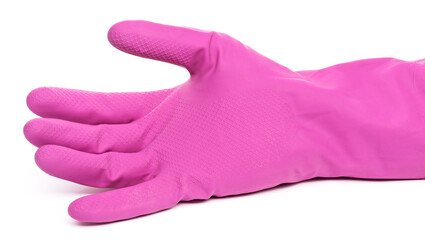 Latex pink glove for washing and cleaning on white background