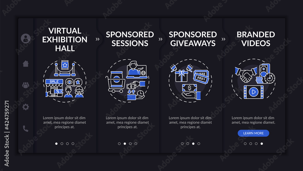 Aufkleber sponsored online meetings onboarding vector template. responsive mobile website with icons. web page
