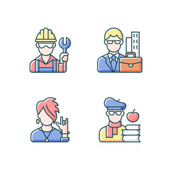 Social classification RGB color icons set. Blue and white collar workers. Subculture group. Intelligentsia class. People of varios social classification, group members. Isolated vector illustrations