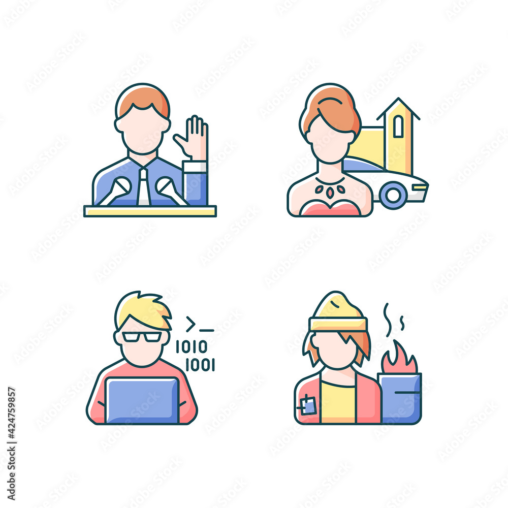 Poster social status type rgb color icons set. political elite. upper and lower class. programmer, computer