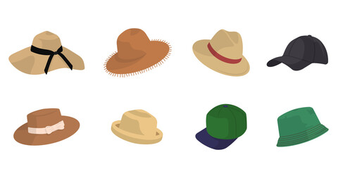 Set of different hats. Male and female accessories in cartoon style.