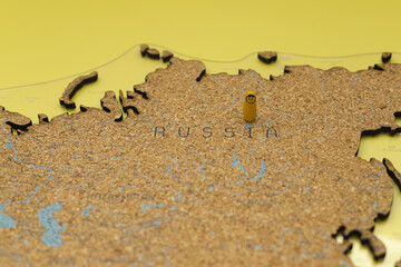 Wooden doll matryoshka in Russia on map.