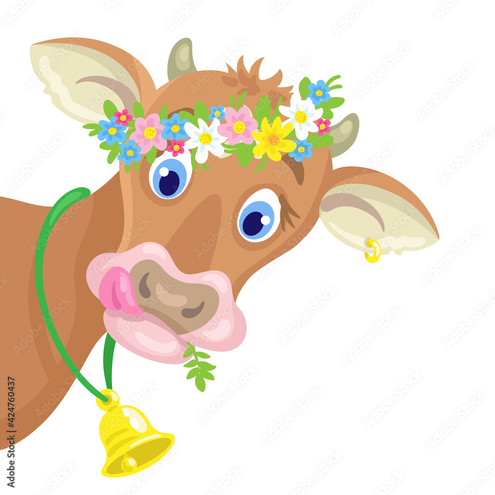 Wall mural Funny goby. A small bull in a flower wreath looks out of the picture. In cartoon style. Isolated on white background. Vector flat illustration.