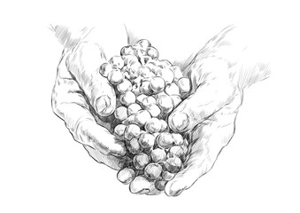 sketch of hands of a winemaker with a bunch of grapes on a white background. engraving or drawing. - obrazy, fototapety, plakaty