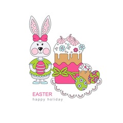 Easter holiday. Vector illustration. Illustration with Easter cakes, Easter eggs and a pascal rabbit. Easter still life. Postcard.