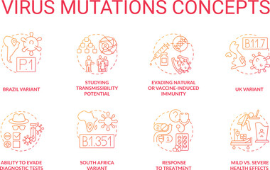 Virus mutations concept icons set. Dealing with new types of corona virus disease. Curing with world pandemia idea thin line RGB color illustrations. Vector isolated outline drawings