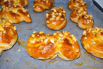 Close up of sweet homemade baked buns called Juda's ropes