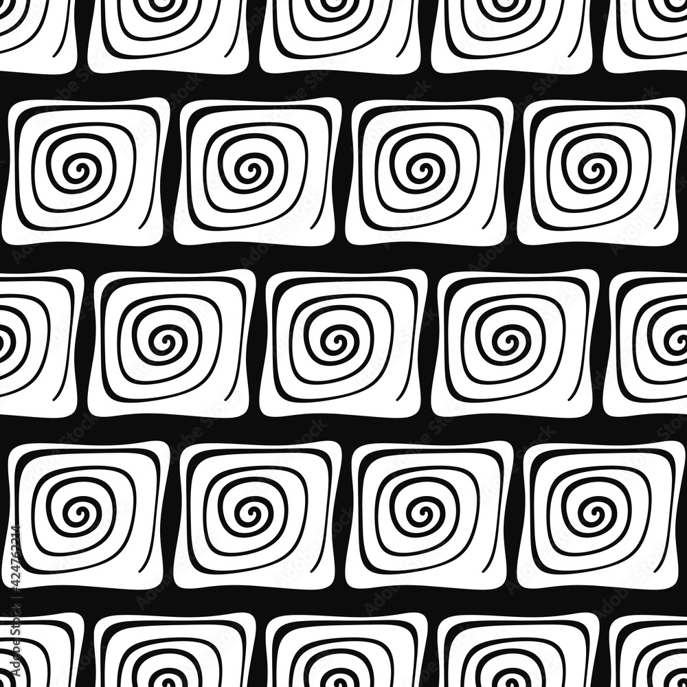 Poster Monochrome Seamless Squared Spiral Pattern. Seamless Spiral Blocks. Vector.