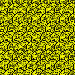 Yellow Spiral Seamless Pattern. Spiral Shapes Seamless Cartoonish Pattern. Vector.