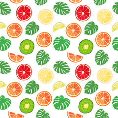 Abstract background from leaves and tropical fruits, pattern, seamless texture
