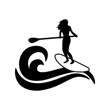 Stand up paddle logo. Girl standing on SUP and holding a paddle.Trendy types of water activities. Vector icon in flat style