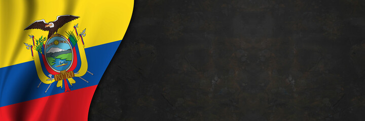Ecuador flag on concrete wall. Banner with fabric texture of the flag of Ecuador