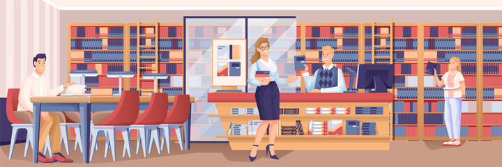 People at library scene. Librarian working at desk, man at table, woman taking books, guy choosing from bookcase vector illustration. Modern room interior design, horizontal panorama © backup_studio